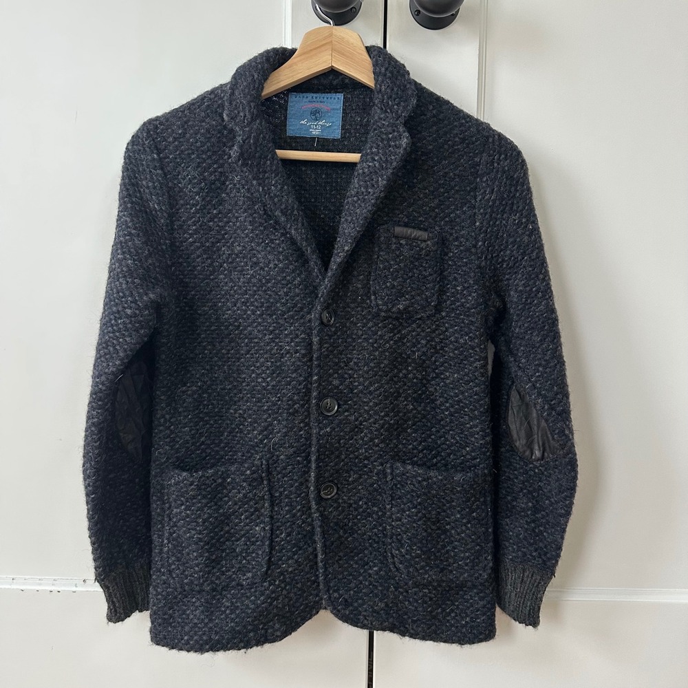 Zara Knitwear Boys Charcoal Gray Wool Blend Blazer Cardigan Elbow Patches 11-12Y